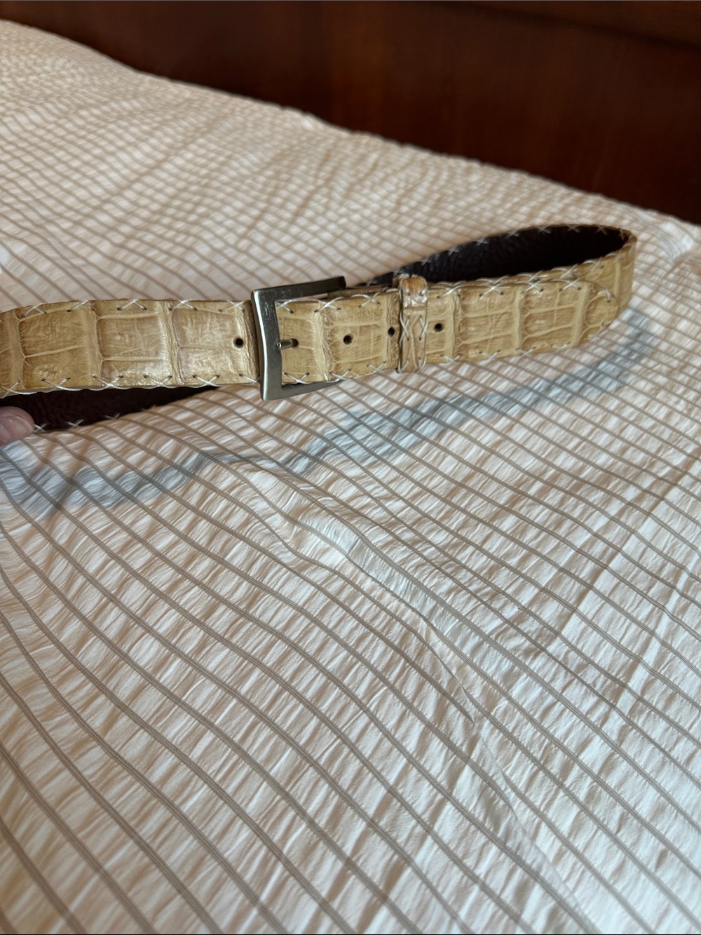 Men's Croc-Embossed Leather Belt in Beige